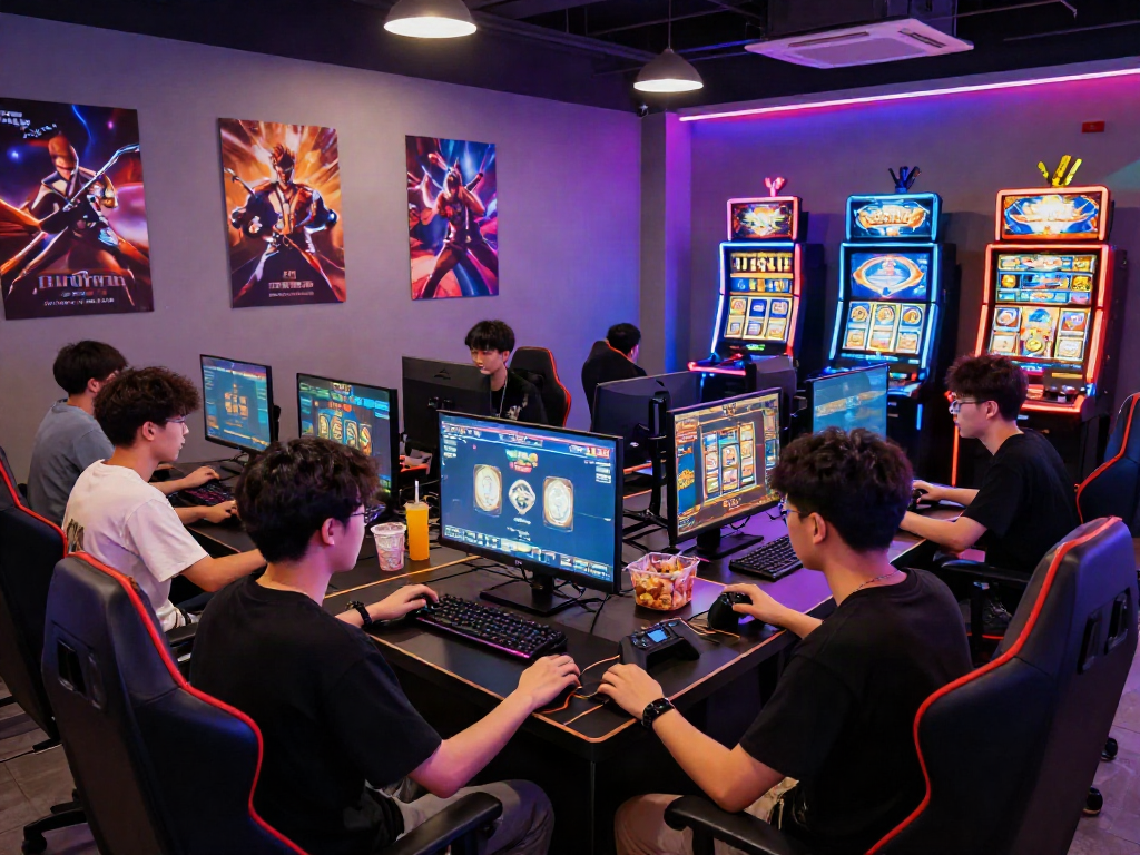 Group of friends enjoying slot gaming in a vibrant lounge setting