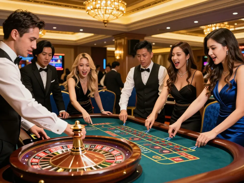 Betting excitement at the roulette table, with players engaging in kdslot strategies.