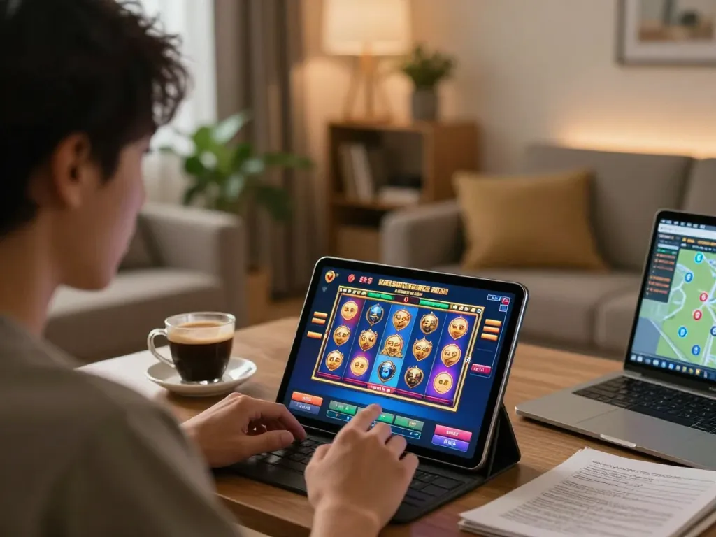 Engaging slot machine gameplay on transcrime platform, showcasing a player immersed in online gaming.