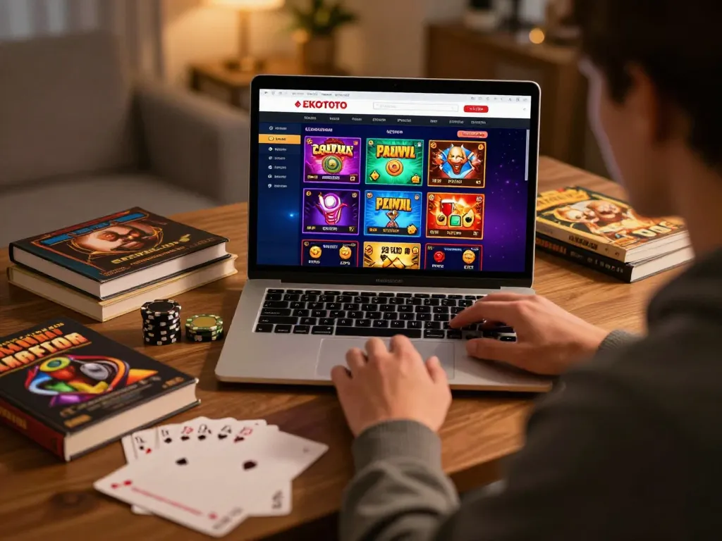 Pemain menikmati pengalaman permainan online EKOTOTO dengan buku strategi dan laptop di lingkungan rumah yang nyaman.