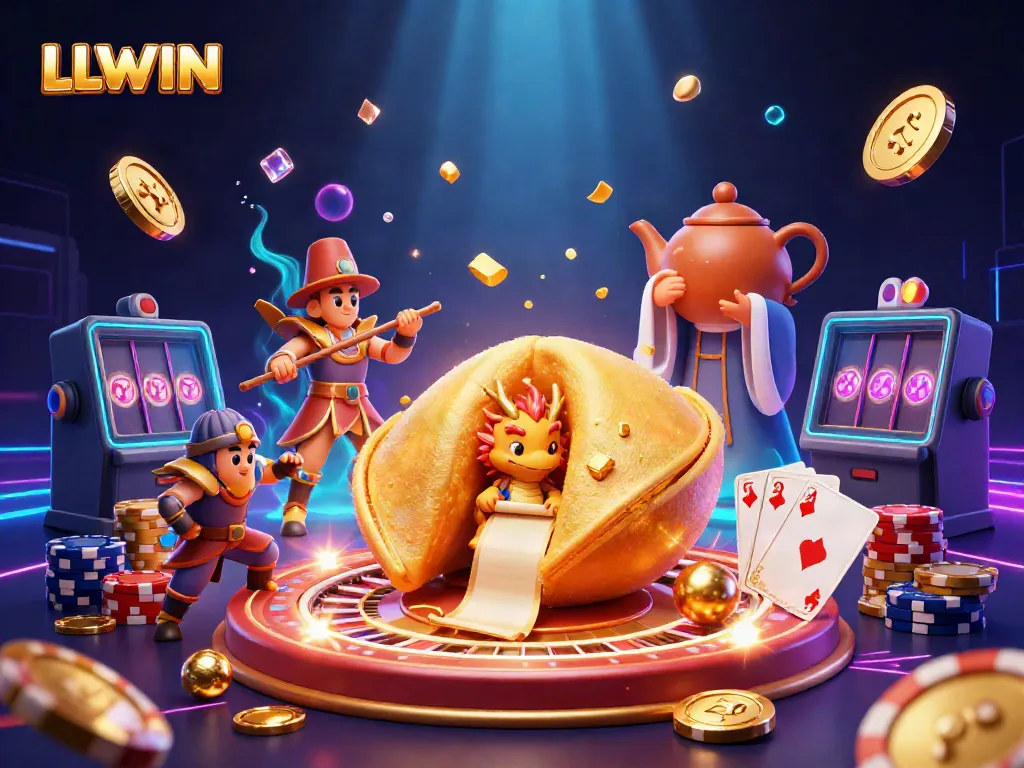 Experience LLWIN's enchanting gaming world with a detailed 3D illustration of a golden fortune cookie and vibrant casino elements.