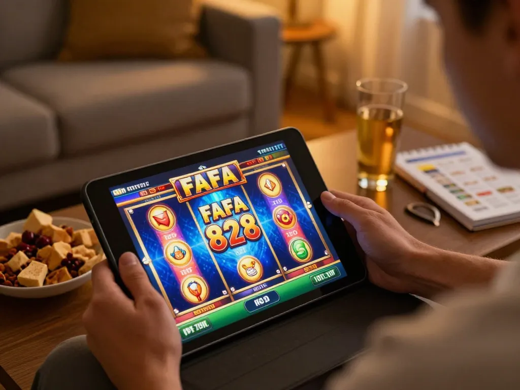 Player engaging with FAFA 828's online slots on a tablet, cozy and responsible gaming environment