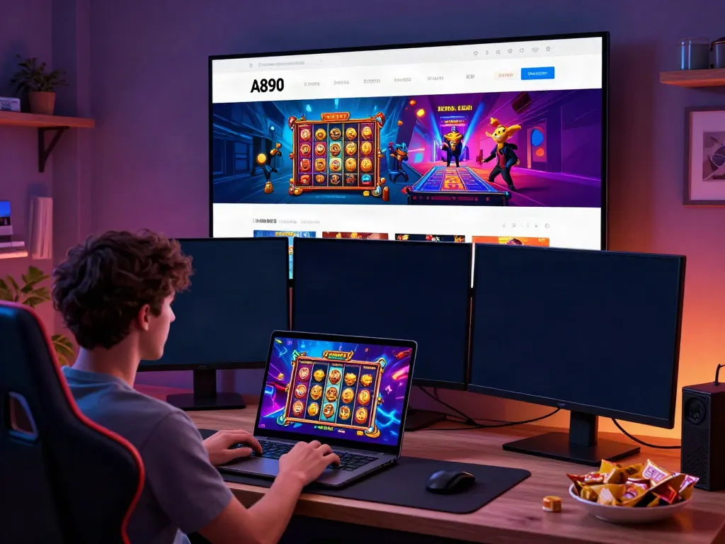 A80 gaming platform interface displayed on laptop with vibrant slot games and a user enjoying gameplay.