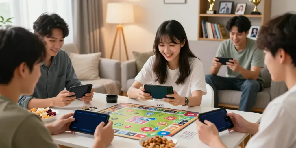 Players enjoying Rumble Rummy on mobile devices in a cozy living room