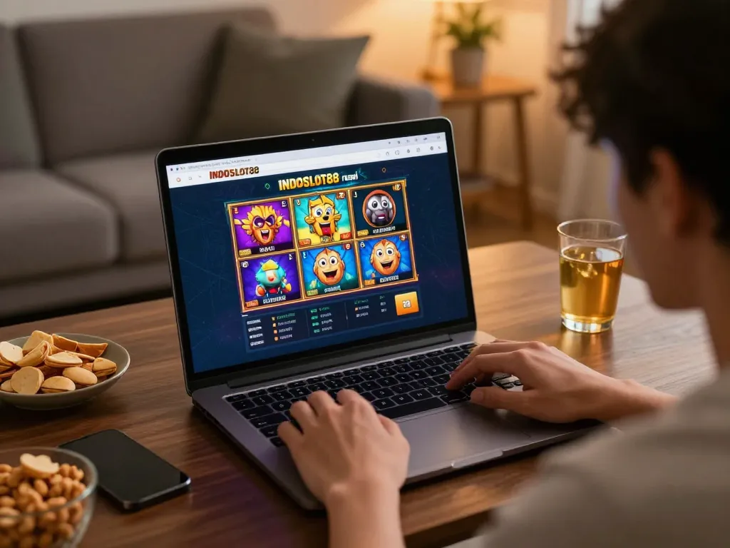 Player enjoying INDOSLOT88 resmi online slot games at home with a relaxed atmosphere