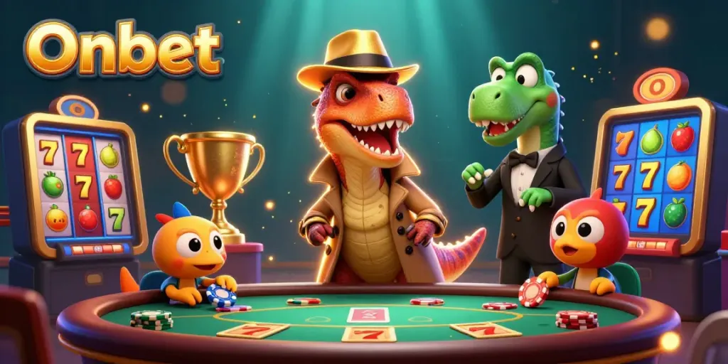 Onbet showcases a velociraptor card counter at a blackjack table with vibrant slot elements, enhancing casino excitement.