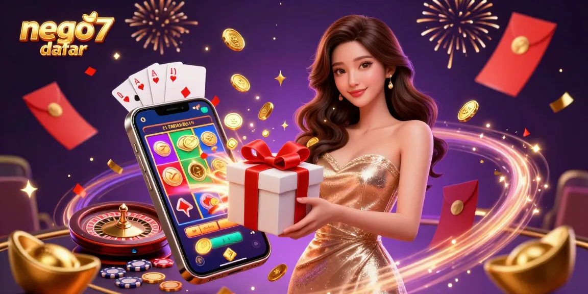 Experience engaging gaming at nego77 daftar with a festive casino-themed illustration showcasing a glamorous character.