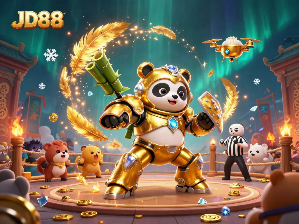 Experience thrilling gaming at JD88 with a panda in a mech-suit battling in a vibrant casino arena.