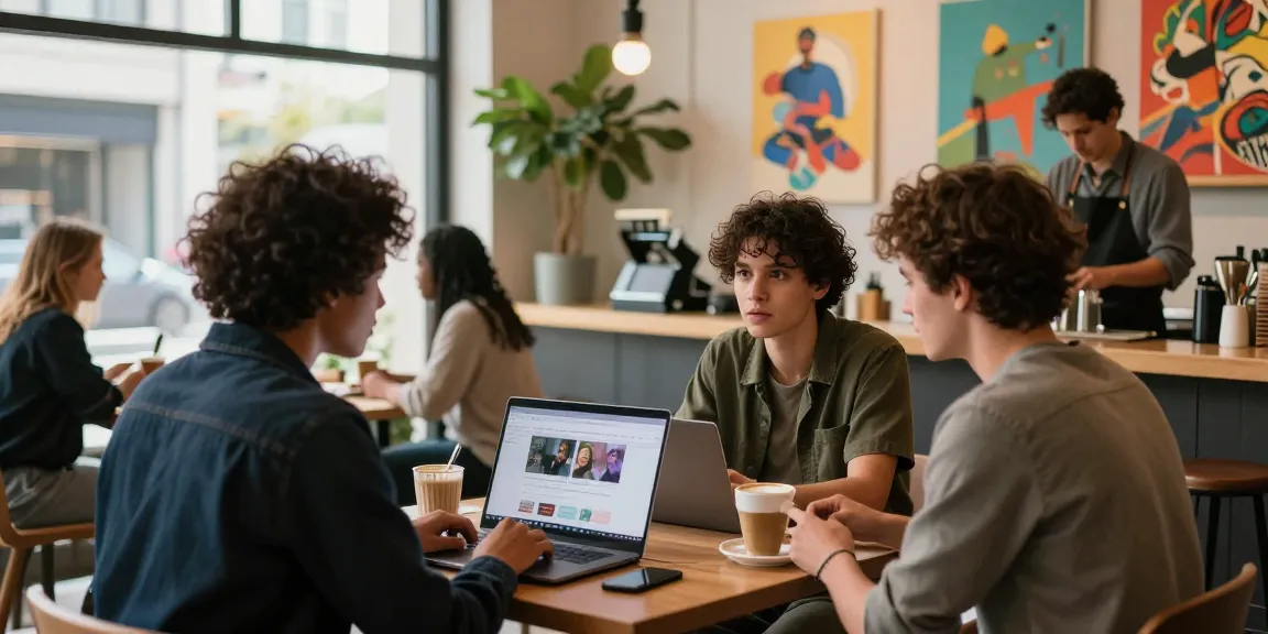 Group discussing NSFW content in a modern café, showcasing diverse views on digital consumption.