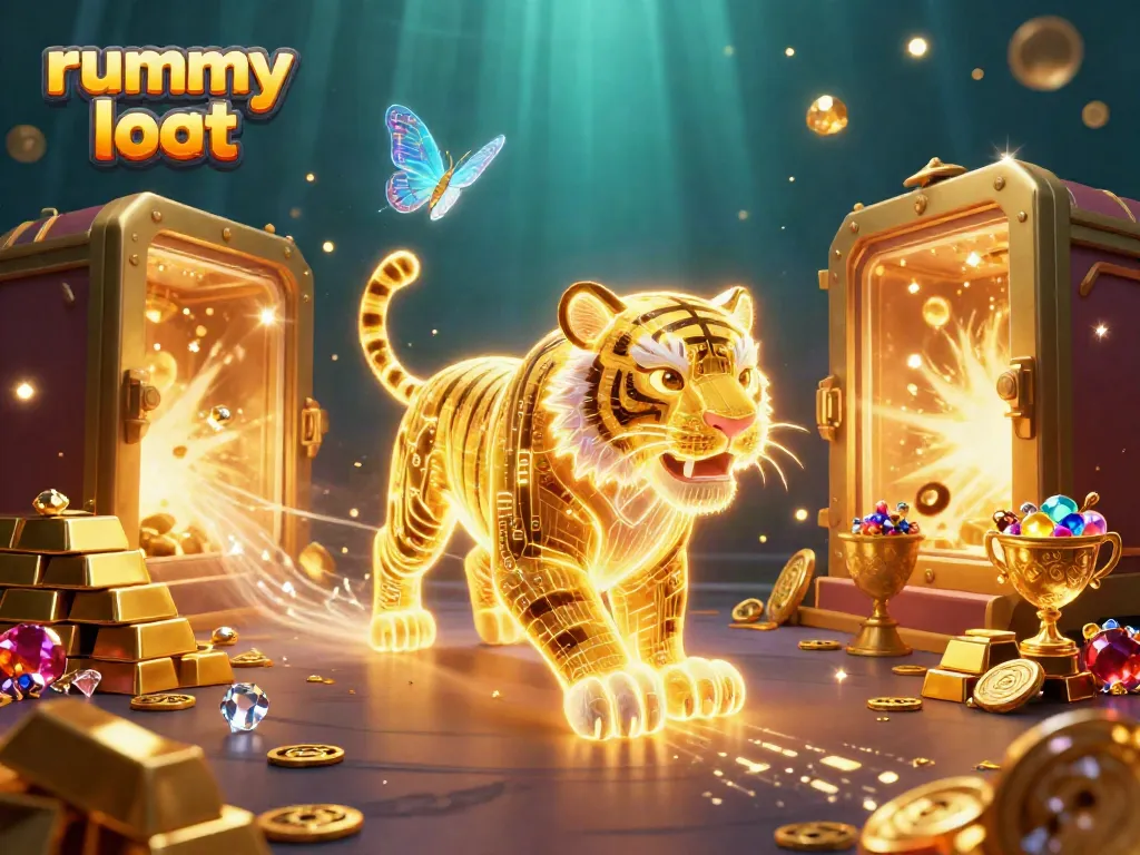 Experience rummy loot adventures with a golden tiger in a dazzling digital casino scene.