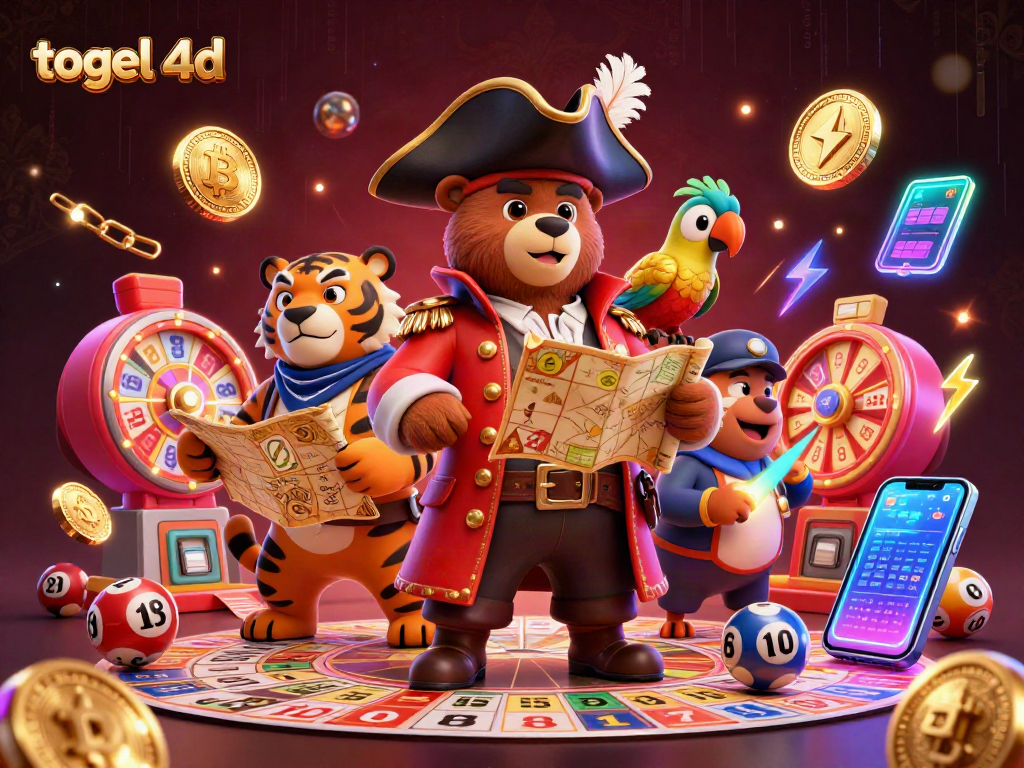 Engage in thrilling togel 4d gameplay with a vibrant pirate scene of a bear captain and friends.