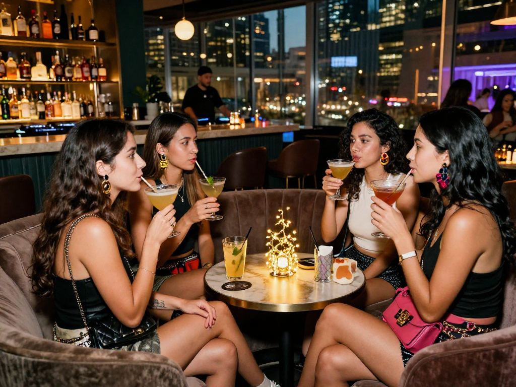 Nhóm gái gọi mặc trang phục thời trang, thưởng thức cocktail trong không gian sang trọng.