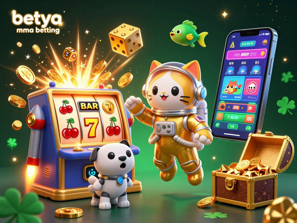 Join the excitement of betya mma betting with this vibrant 3D scene showcasing dynamic casino elements and characters.