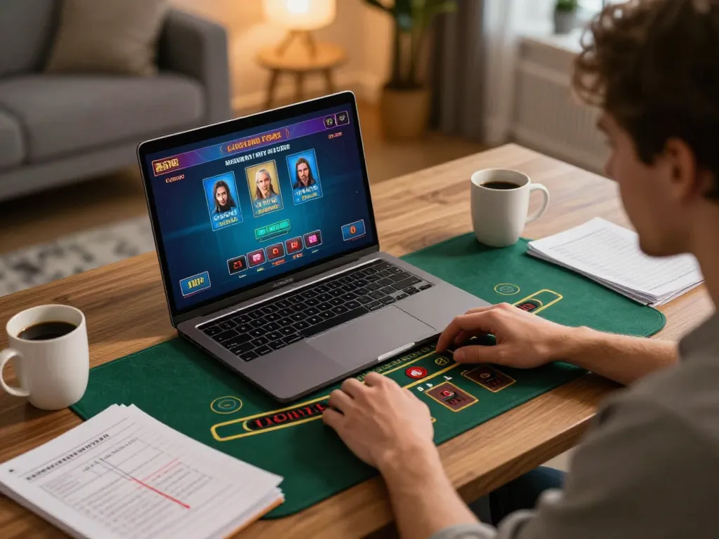 Seorang pemain yang menikmati pengalaman kasino online aman788 dengan permainan dealer langsung yang menarik dan catatan strategi terlihat