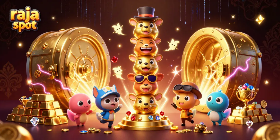Engage in big wins with raja slot and vibrant gold treasures in a casino-themed scene.