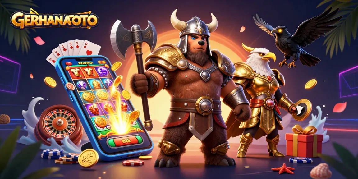 Permainan slot interaktif GERHANATOTO dengan karakter Viking dan elang dalam ilustrasi 3D yang menarik.
