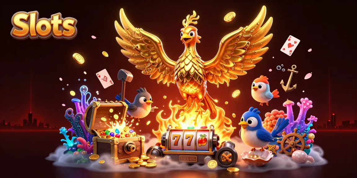 Spin vibrant Slots with a golden phoenix and treasure in a dramatic, animated scene.