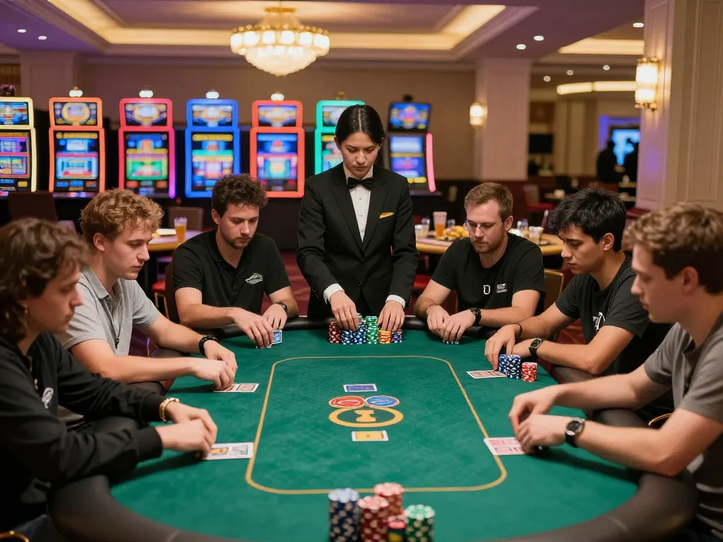 Aksi permainan poker Kikitoto dengan pemain dan dealer yang intens mengelola permainan dengan taruhan tinggi.