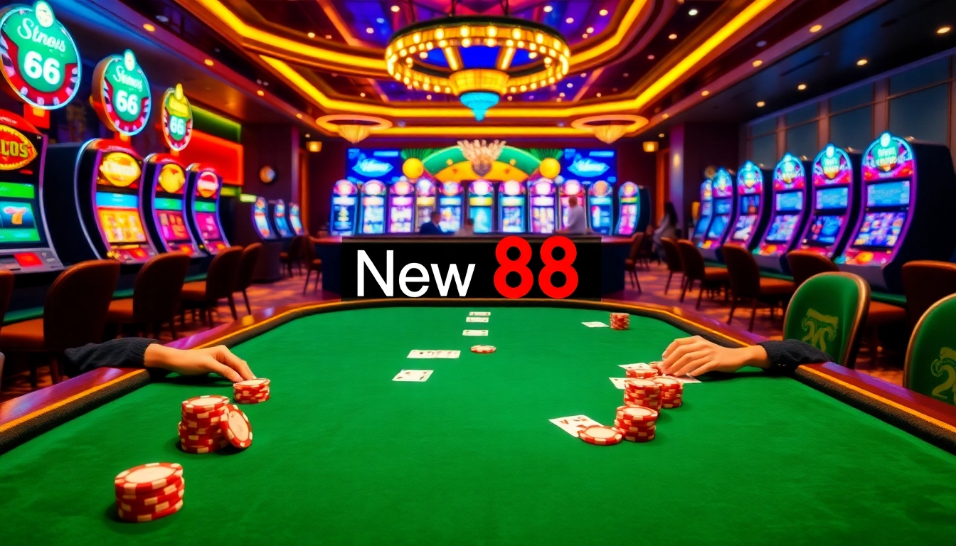 Players engaging at a poker table in a vibrant casino setting featuring New 88 branding.