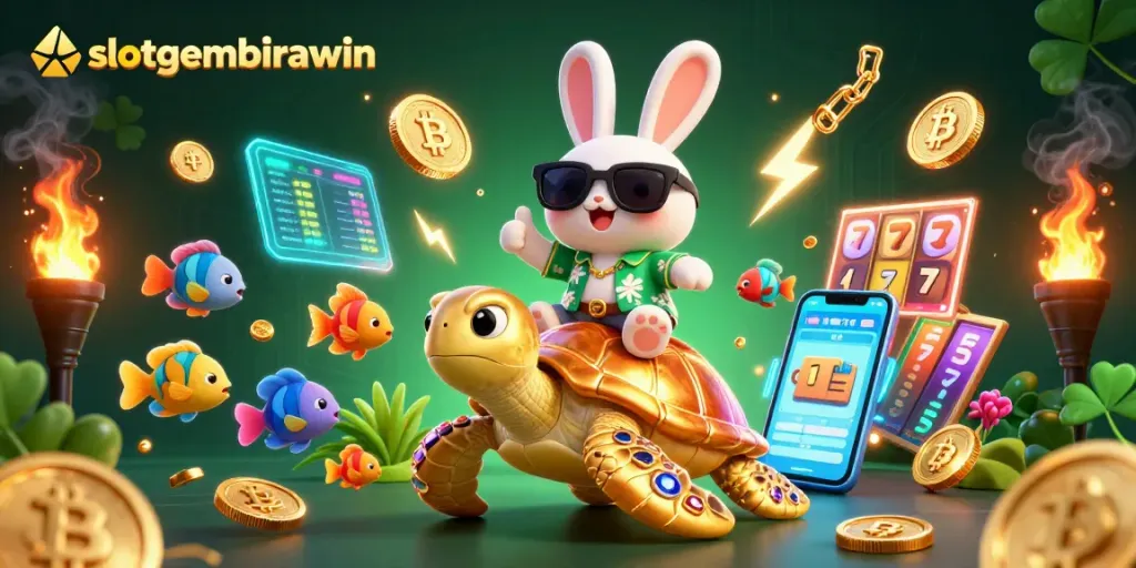 Engage with slotgembirawin through a colorful 3D scene featuring a lucky rabbit and golden turtle amidst crypto coins.