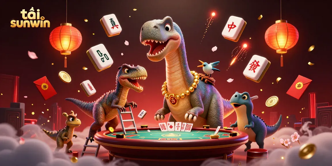 Play tải sunwin at an exciting casino scene with animated dinosaurs and vibrant game elements.