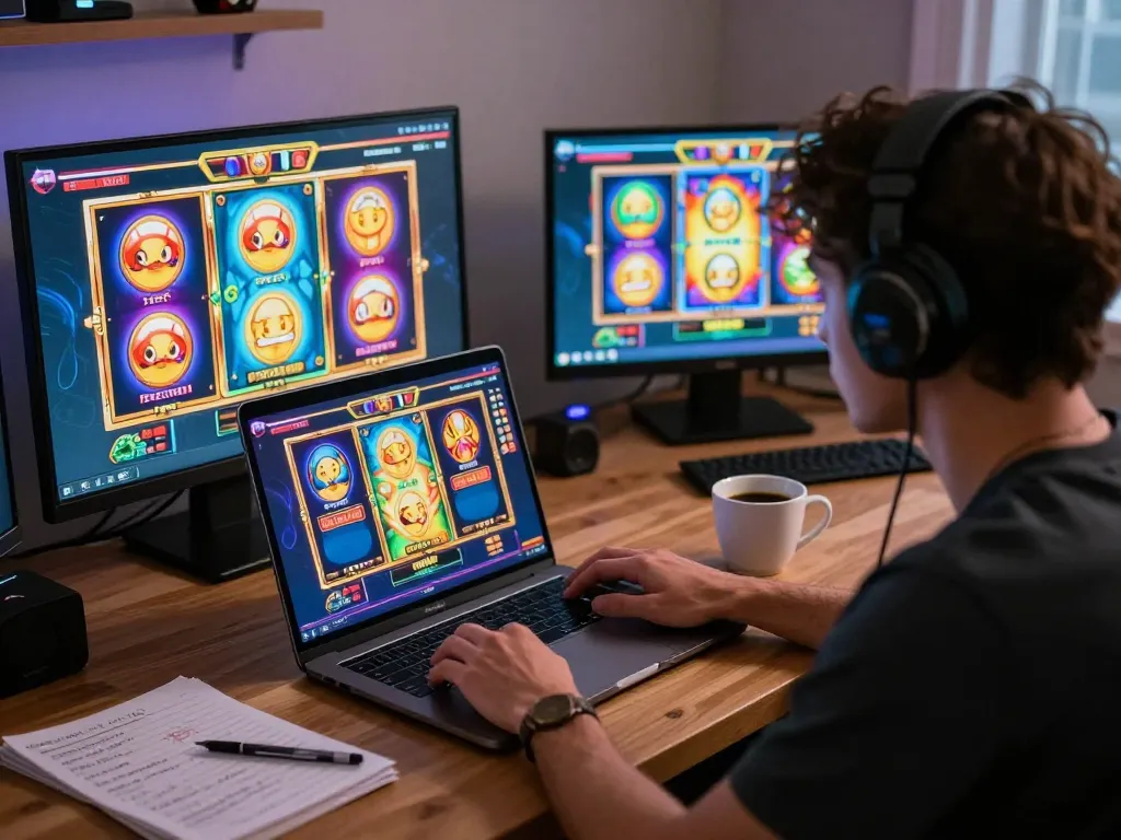 Player enjoying an intense gaming session with aman788 slot games on a laptop, showcasing vibrant interface and home setting.
