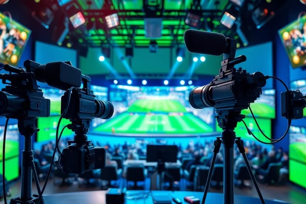 Engaging scene of Sports Broadcasting in a professional studio with advanced equipment and vibrant screens.