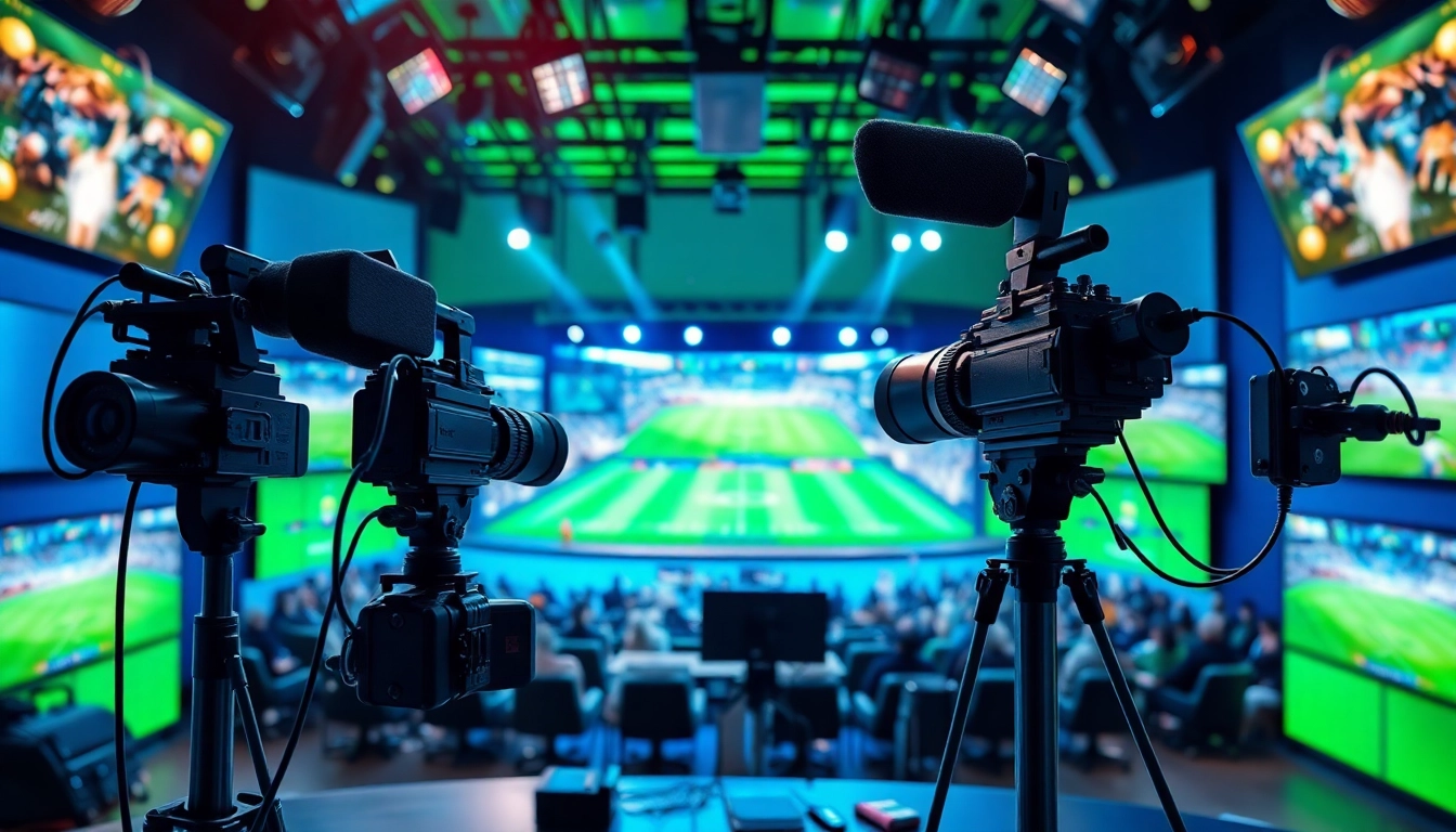 Engaging scene of Sports Broadcasting in a professional studio with advanced equipment and vibrant screens.