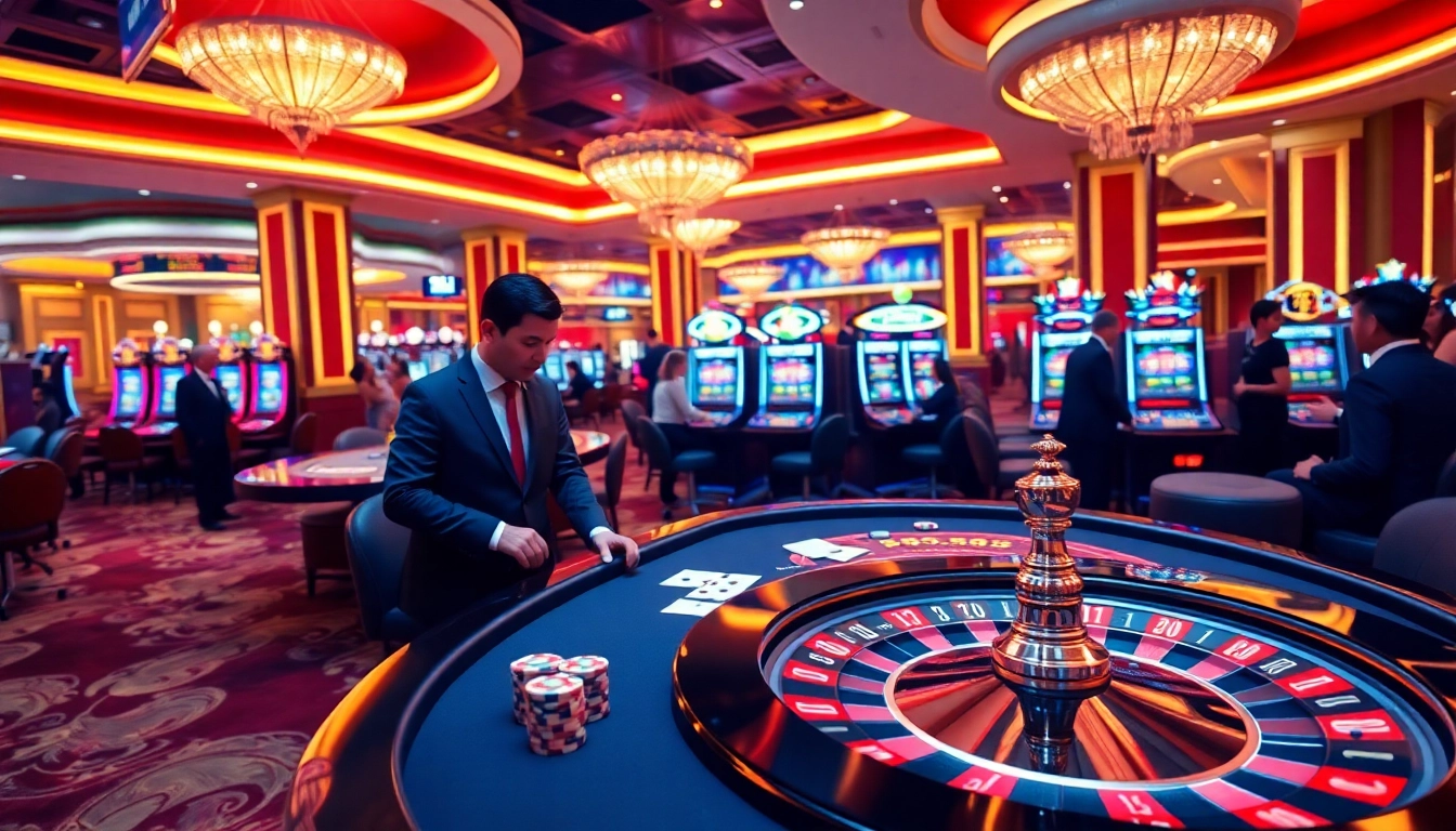 A thrilling PG88 casino experience featuring poker tables, gaming chips, and vibrant slot machines.