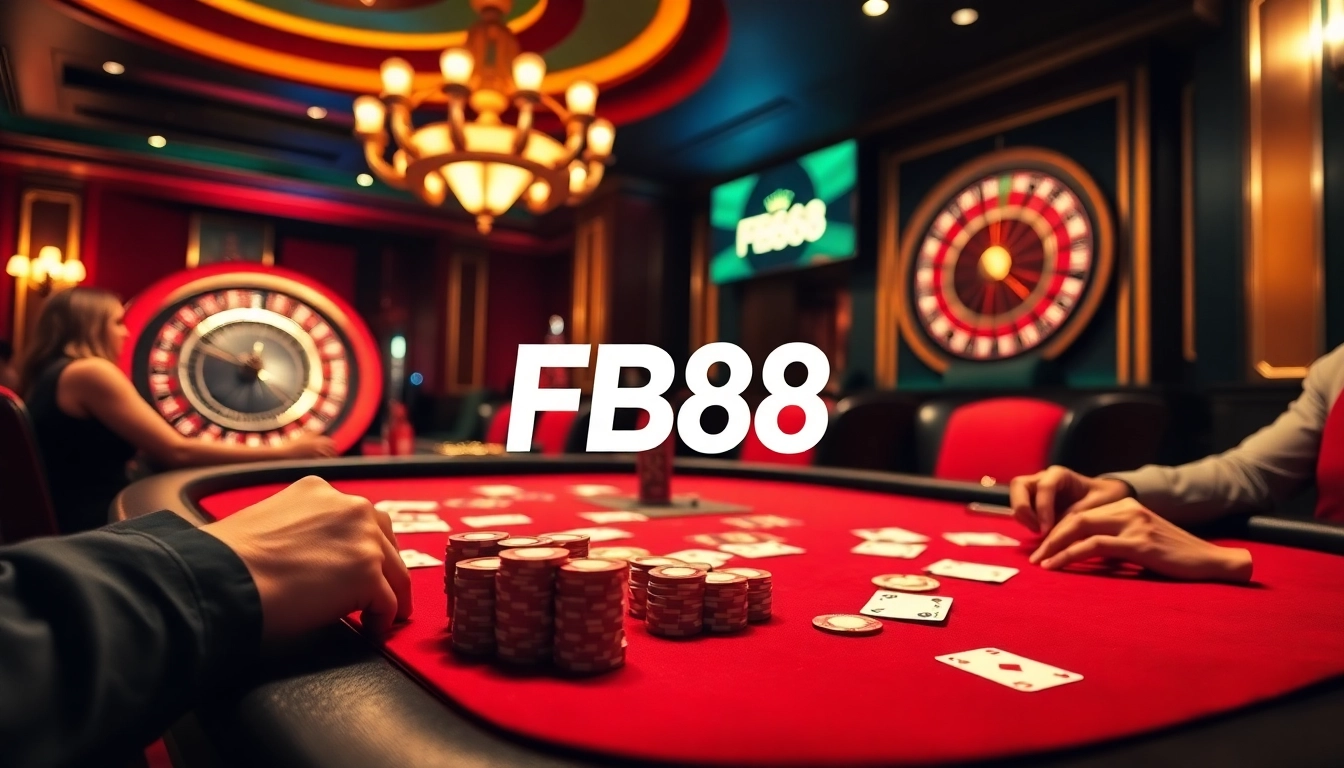 High-stakes poker scene at FB68 casino with vibrant colors and luxurious decor.