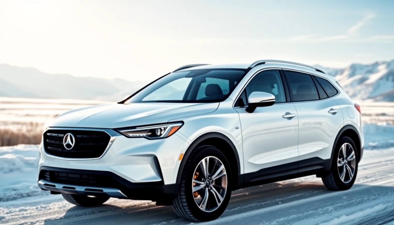 PPF winter road salt protection on a vehicle displayed in a winter landscape against snow and mountains.