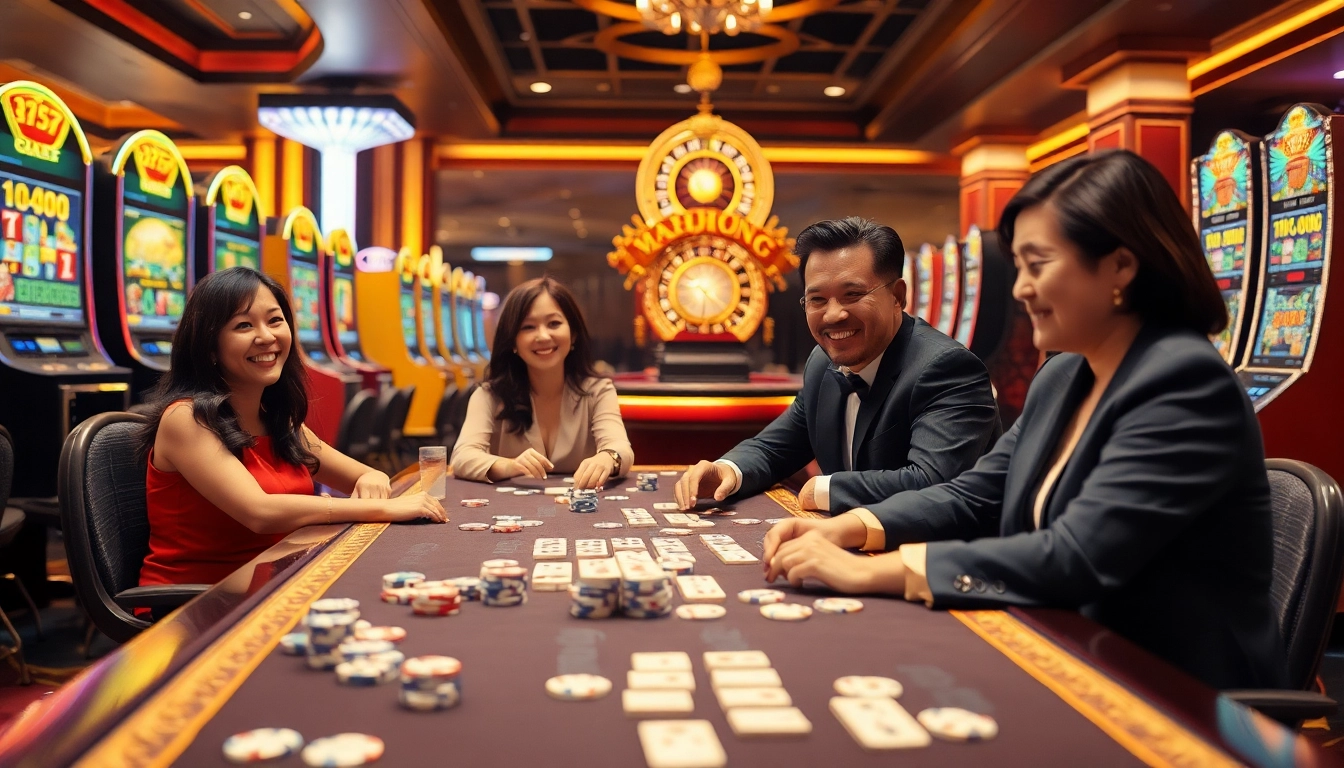 Players enjoying the slot mahjong game at a luxurious casino with vibrant machines.