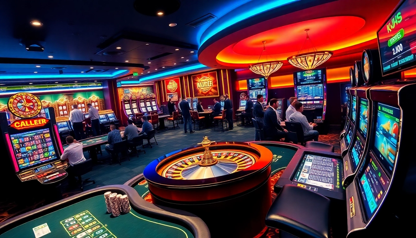 Experience the thrill of casino gambling at https://kjc.ad/, showcasing players at high-stakes tables and vibrant slot machines.