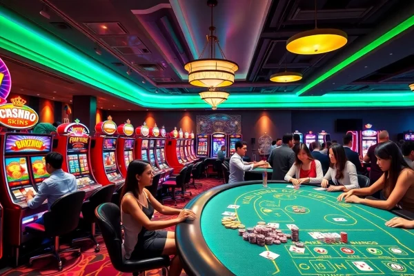 Players enjoying games at the ww88 casino, featuring vibrant slot machines and poker tables.