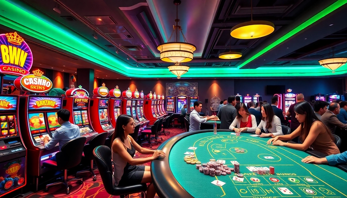 Players enjoying games at the ww88 casino, featuring vibrant slot machines and poker tables.