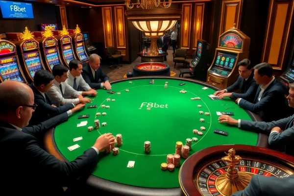 A thrilling poker game at a luxurious casino table, showcasing F8bet gaming excitement with vibrant chips and a roulette wheel.