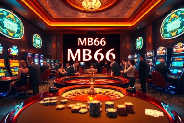 Players enjoying a thrilling roulette game at MB66 casino, surrounded by vibrant slot machines.