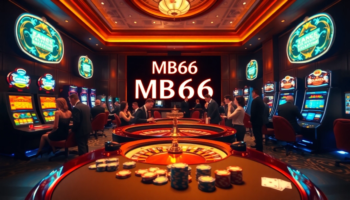 Players enjoying a thrilling roulette game at MB66 casino, surrounded by vibrant slot machines.