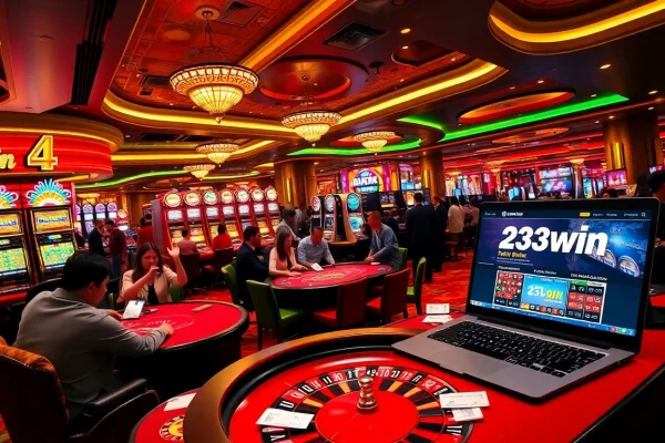 23win casino scene with vibrant slot machines and engaging gameplay featuring poker tables and roulette.