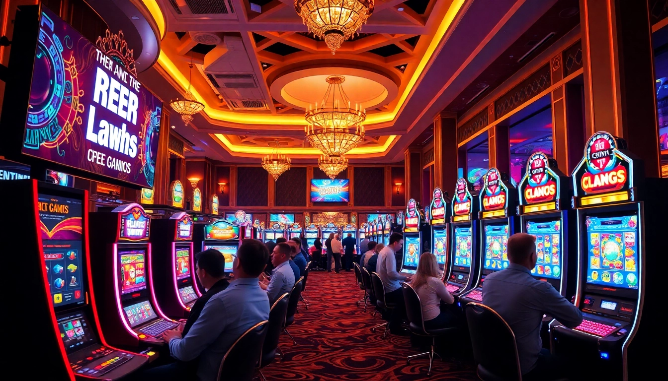 Play slot demo games at a luxurious online casino, engaging with vibrant machines and lively atmosphere.