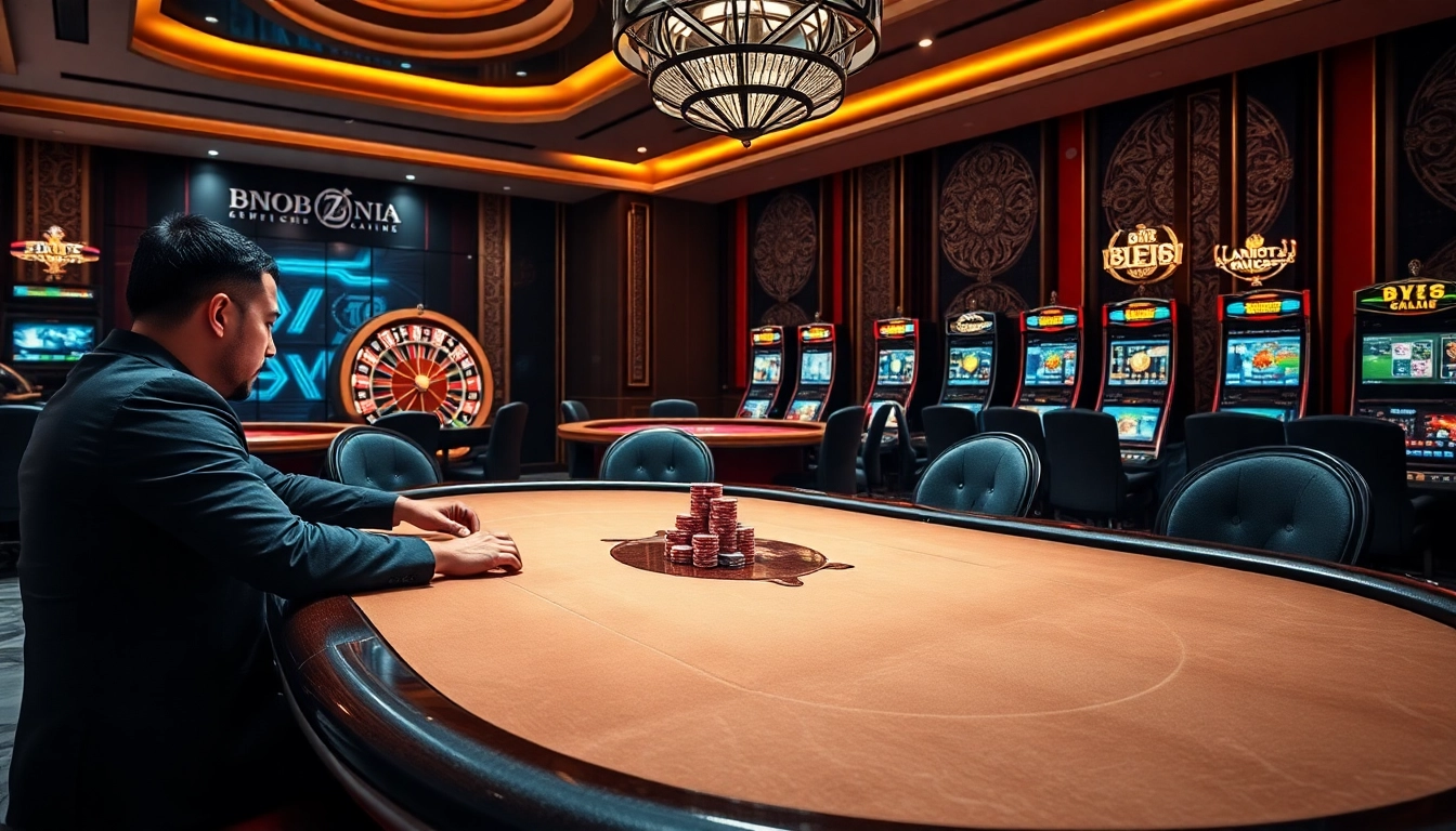 Engage in thrilling gameplay at BK8 Thailand's casino, featuring a vibrant poker table and roulette wheel.
