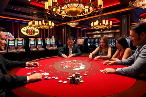 Players engaging at a j88-themed casino table, surrounded by excitement and luxury.