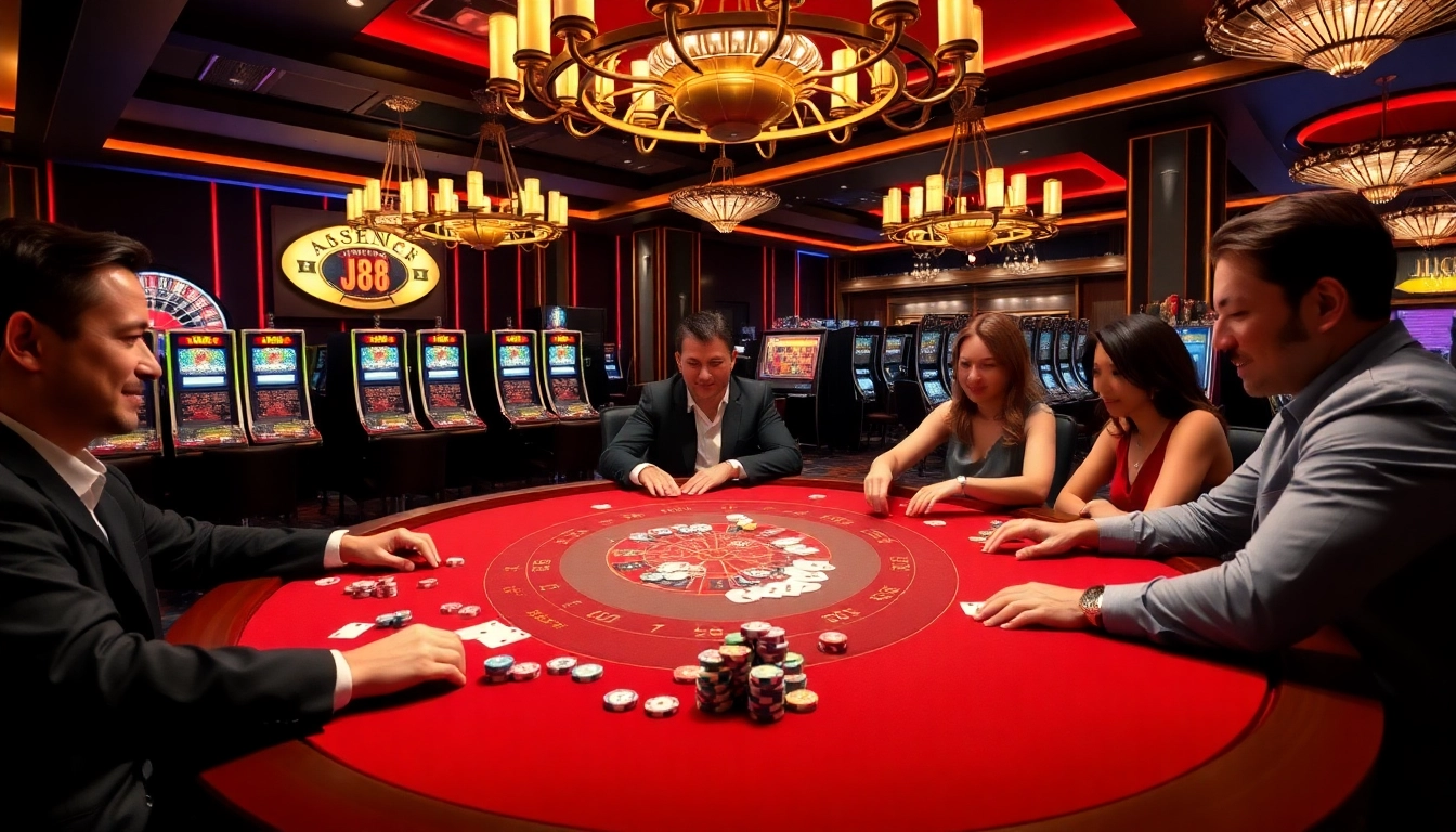 Players engaging at a j88-themed casino table, surrounded by excitement and luxury.