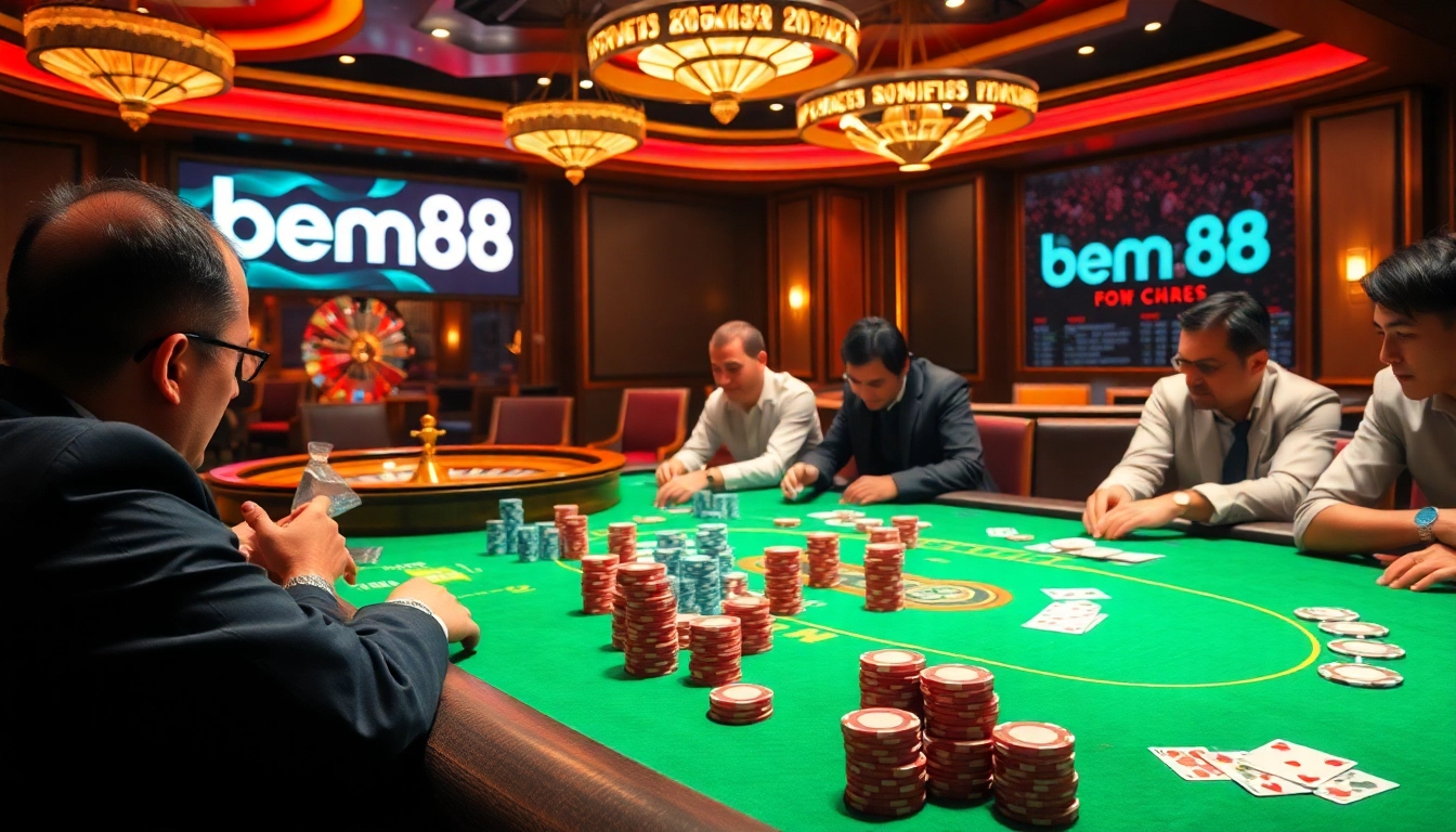 Experience the thrill of poker and other games at Bem88's elegant casino scene.