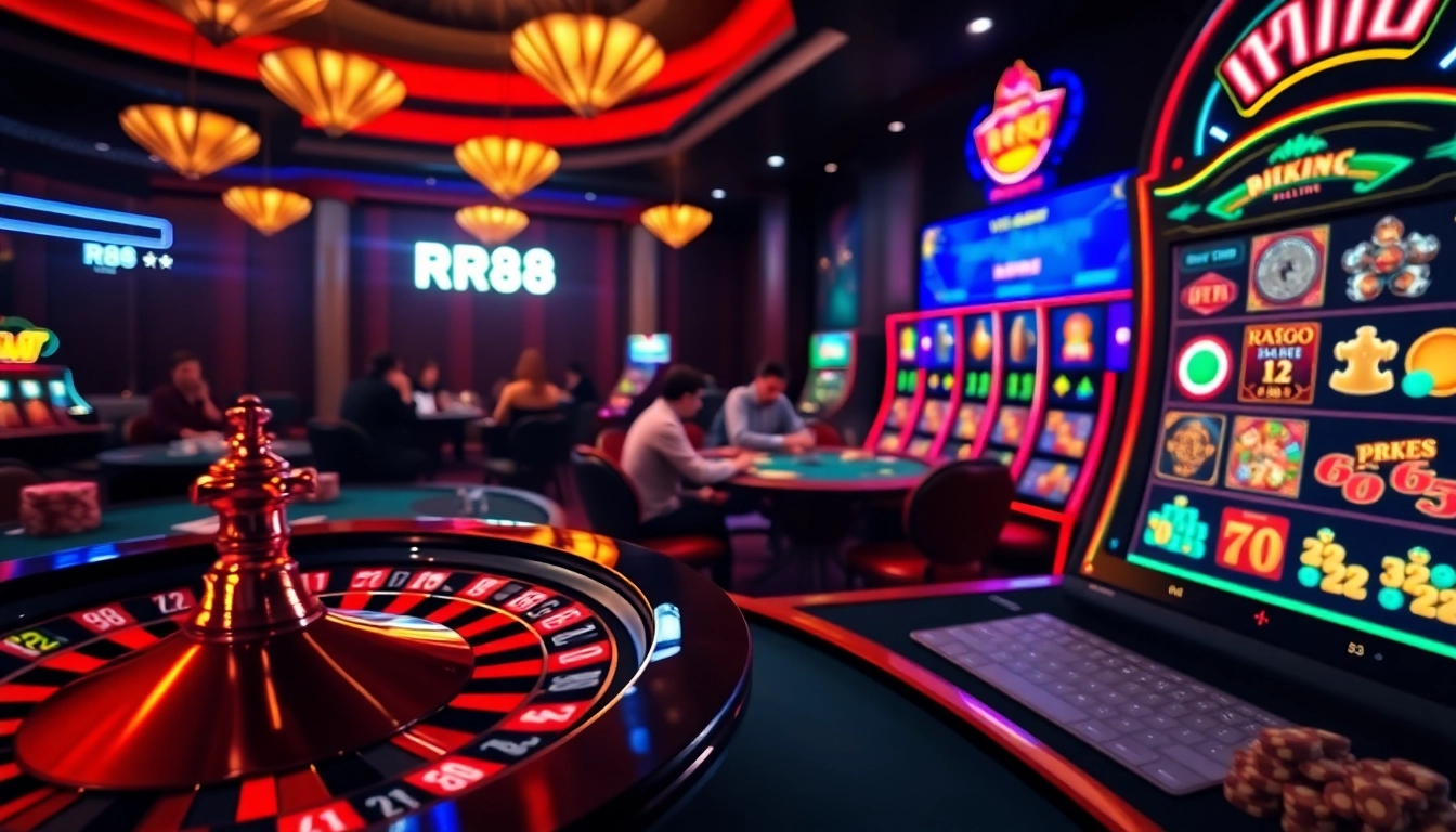 Engaging gamblers at poker and roulette tables at https://rr88c.mobi/ casino with vibrant chip colors.