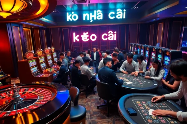 Kèo nhà cái scene with excited gamblers at roulette and poker tables in a luxury casino.