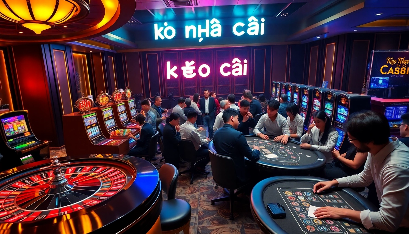 Kèo nhà cái scene with excited gamblers at roulette and poker tables in a luxury casino.