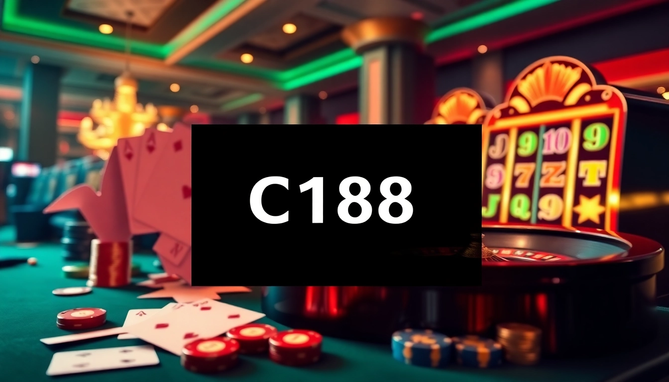 Experience the thrill of C168 online gambling with an exciting casino scene featuring roulette, poker cards, and vibrant slot machines.