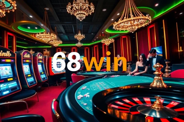 Experience the excitement of 68win with vibrant casino visuals featuring poker tables, chips, and slot machines.