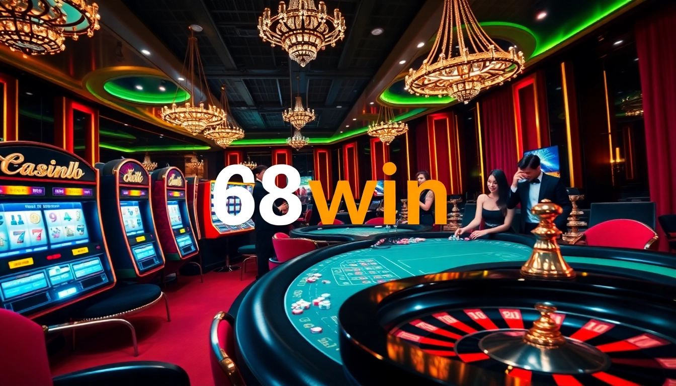 Experience the excitement of 68win with vibrant casino visuals featuring poker tables, chips, and slot machines.